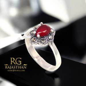 Rajasthan Gems Ring Silver 925 Sterling Women Natural Red Onyx & Marcasite Gem Stone Handmade Gift F453