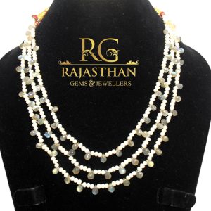 Rajasthan Gems Adjustable Necklace 3 Line Strand String Beaded Jewellery Women Natural Labradorite & Freshwater Pearl Gem Stone Beads Gift F669