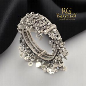 Rajasthan Gems Bracelet Bangle Kada Antique Old Silver Dangle Traditional Handmade Tribal Women Gift F678