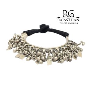 Rajasthan Gems Bajuband Bracelet Kada Antique Old Silver Traditional Rattle Charms Handmade Hand Engraved Tribal Black Thread Women Gift G087