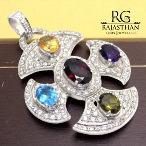 Rajasthan Gems Pendant 925 Sterling Silver Natural Amethyst Garnet Peridot Blue & Golden Topaz Gem Stone & Cubic Zirconia CZ Men Women Unisex Handmade Gift G170