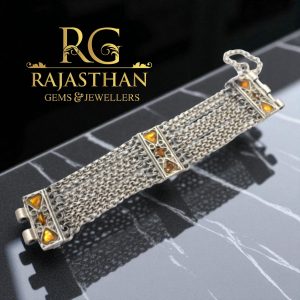Rajasthan Gems Antique Bracelet Old Solid Silver Traditional Navratri Design Jewelry Women Handmade Yellow Glass Gift G251