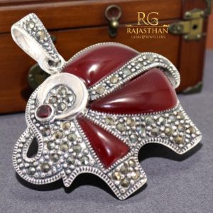 Rajasthan Gems Elephant Pendant 925 Sterling Silver Marcasite & Natural Carnelian Stone Women Unisex Handmade Gift G256