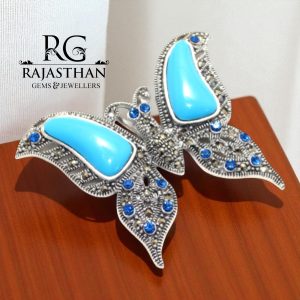 Rajasthan Gems Butterfly Charm Pendant 925 Sterling Silver Turquoise Marcasite & Blue Cubic Zirconia CZ Stone Women Unisex Handmade Gift G260