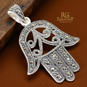 Rajasthan Gems Hamsa Hand Charm Pendant 925 Sterling Silver Marcasite Stone Good Luck Protection Women Unisex Handmade Gift G264