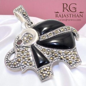 Rajasthan Gems Elephant Charm Pendant 925 Sterling Silver Marcasite & Natural Onyx Stone Women Unisex Handmade Gift G269
