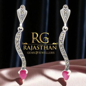 Rajasthan Gems Dangle Earrings Silver 925 Sterling Marcasite & Onyx Gem Stone Handmade Women Gift G288