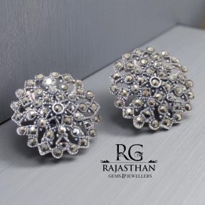 Rajasthan Gems Stud Earrings Silver 925 Sterling Women Marcasite Gem Stone Good Luck Handmade Gift G289