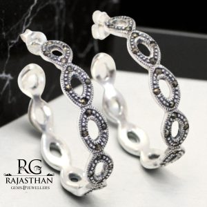 Rajasthan Gems Half Hoop Earrings Silver 925 Sterling Women Marcasite Stone Gift Handmade G290