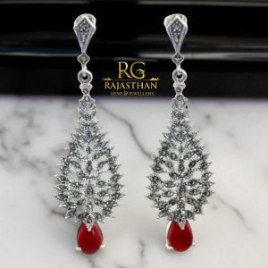 Rajasthan Gems Dangle Long Earrings Silver 925 Sterling Marcasite & Carnelian Gem Stone Handmade Women Gift Designer G294