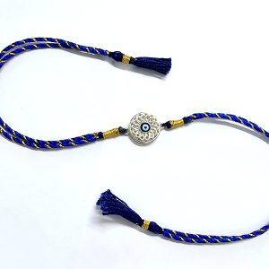 Rajasthan Gems Evil Eye Raksha Bandhan Rakhi 925 Sterling Silver Charm Bracelet Bhai Handmade Gift Men Boy Brother (Random Colour Thread) RAKHI005