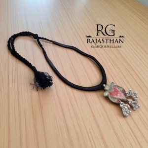 Rajasthan Gems Tribal Necklace Solid Antique Old Silver Glass Pendant Vintage Traditional Women Handmade Gift Black Thread G310