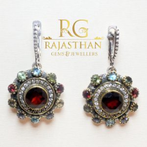 Rajasthan Gems Earrings Omega Back Clip 925 Sterling Silver Garnet Peridot Topaz Amethyst & Cubic Zirconia CZ Stone Gold Rhodium Handmade Women Gift G336