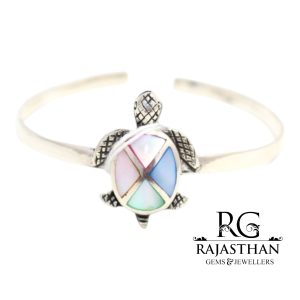Rajasthan Gems Charm Bangle Cuff Kada Tortoise Turtle 925 Sterling Silver Natural Mother Of Pearl MOP Gem Stone Jewelry Handmade Women Men Unisex India Good Luck G354
