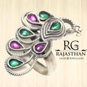 Rajasthan Gems Peacock Ring 925 Sterling Silver Glass Hand Engraved Adjustable Handmade Traditional Women Men Unisex Gift G407