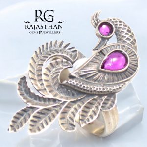 Rajasthan Gems Peacock Ring 925 Sterling Silver Glass Hand Engraved Adjustable Handmade Traditional Women Men Unisex Gift G410