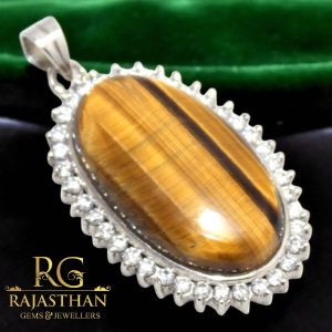 Rajasthan Gems Pendant 925 Sterling Silver Natural Brown Tiger Eye Gem Stone & Cubic Zirconia Zircon Women Men Unisex Handmade G425