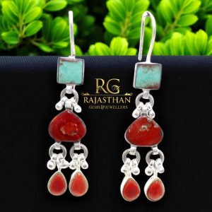 Rajasthan Gems Earrings 925 Sterling Silver Natural Orange Gem Stone Handmade Women Gift G442