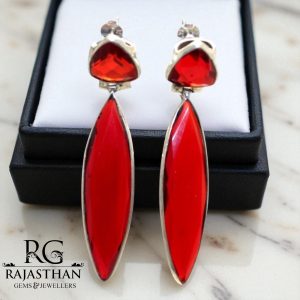 Rajasthan Gems Earrings 925 Sterling Silver Red Cubic Zirconia CZ Zircon Stone Handmade Women Gift G447