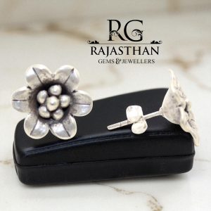 Rajasthan Gems Stud Tops Charm Flower Earrings 925 Sterling Silver Traditional Tribal Handmade Women Gift G466