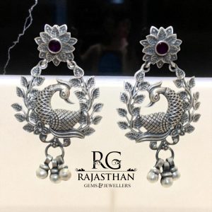 Rajasthan Gems Traditional Peacock Earrings 925 Sterling Silver Cubic Zirconia Zircon Stone Handmade Tribal Women Gift G467