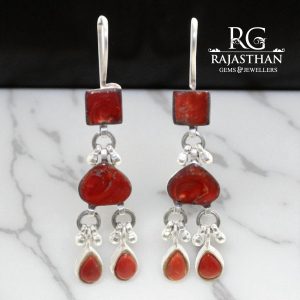 Rajasthan Gems Earrings 925 Sterling Silver Natural Orange Gem Stone Handmade Women Gift G469