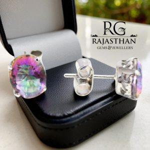 Rajasthan Gems Stud Earrings 925 Sterling Silver Mystic Quartz Gem Stone Women Handmade Gift G507