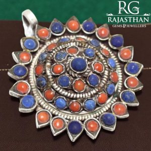 Rajasthan Gems Antique Tibetan Pendant 925 Sterling Silver Natural Lapis Lazuli & Orange Gem Stone Women Handmade Gift G519