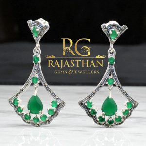 Rajasthan Gems Designer Earrings 925 Sterling Silver Marcasite & Green Onyx Gem Stone Handmade Women Gift G531