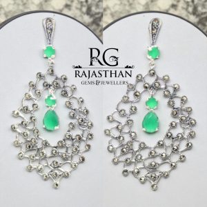 Rajasthan gems Designer Earrings 925 Sterling Silver Marcasite & Green Onyx Gem Stone Handmade Women Gift G536