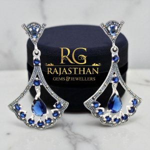 Rajasthan Gems Designer Earrings 925 Sterling Silver Marcasite & Blue Onyx Gem Stone Handmade Women Gift G541