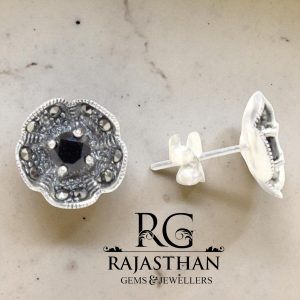 Rajasthan Gems Stud Earrings Tops 925 Sterling Silver Women Marcasite & Onyx Gem Stone Handmade Gift G547