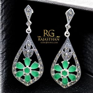 Rajasthan Gems Designer Earrings 925 Sterling Silver Marcasite & Green Onyx Gem Stone Handmade Women Gift G548