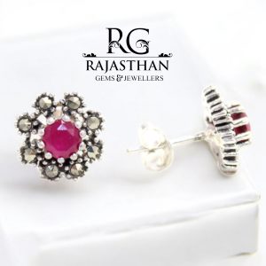 Rajasthan Gems Stud Earrings Tops 925 Sterling Silver Women Marcasite & Onyx Gem Stone Handmade Gift G581