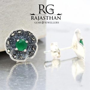 Rajasthan Gems Stud Earrings Tops 925 Sterling Silver Women Marcasite & Onyx Gem Stone Handmade Gift G585