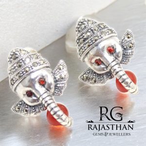 Rajasthan Gems Stud Earrings Tops Ganesha Ganesh God 925 Sterling Silver Marcasite & Onyx Gem Stone Temple Traditional Handmade Women Gift G588
