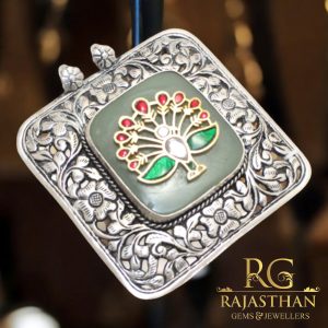 Rajasthan Gems Peacock Pendant 925 Sterling Silver Gold Rhodium Natural Green Jade Glass Traditional Tribal Hand Engraved Wpmen Unisex Handmade Gift G589