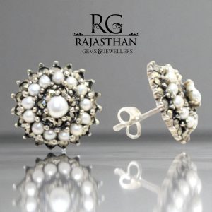 Rajasthan Gems Stud Earrings Tops 925 Sterling Silver Women Marcasite & Freshwater Pearl Gem Stone Handmade Gift G621