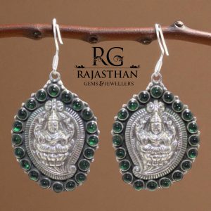 Rajasthan Gems Earrings Dangle Traditional Temple 925 Sterling Silver Laxmi Lakshmi Hand Engraved Handmade Women Gift G622