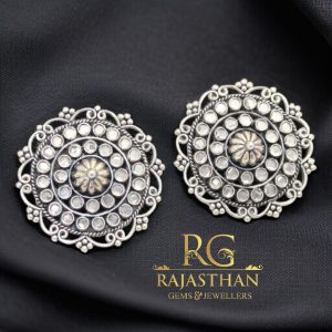 Rajasthan Gems Big Stud Earrings Tops Silver 925 Sterling Traditional Tribal Cubic Zirconia CZ Stone Handmade Gift Women G629