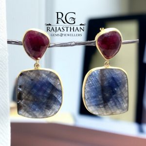 Rajasthan Gems Dangle Earrings 925 Sterling Silver Gold Rhodium Designer Natural Multi Sapphire Gem Stone Gemstone Handmade Gift Women G639