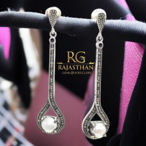 Rajasthan Gems Designer Dangle Earrings 925 Sterling Silver Marcasite & Freshwater Pearl Gem Stone Handmade Women Gift G676