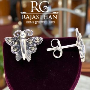 Rajasthan Gems Butterfly Charm Stud Earrings Tops 925 Sterling Silver Women Marcasite Stone Handmade Gift G690
