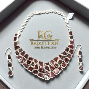 Rajasthan Gems Necklace Earrings Jewelry Set 925 Sterling Silver Natural Garnet Gem Stone Handmade Gift Women G742