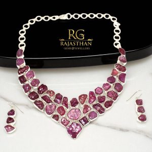 Rajasthan Gems Necklace Earrings Jewelry Set 925 Sterling Silver Natural Tourmaline Gem Stone Handmade Gift Women G744
