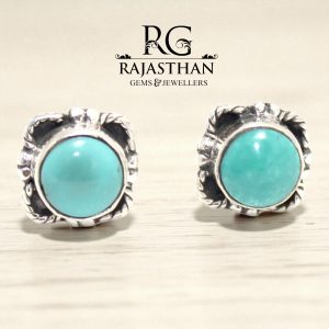 Rajasthan Gems Stud Earrings 925 Sterling Silver Natural Turquoise Gem Stone Women Handmade Gift G752