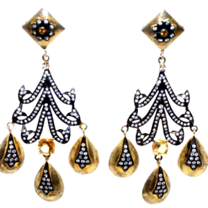 Rajasthan Gems Dangle Earrings 925 Sterling Silver Gold Rhodium Designer Natural Golden Topaz Gemstone & Cubic Zirconia CZ Stone Handmade Gift Women G793