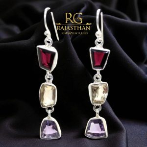 Rajasthan Gems Dangle Earrings 925 Sterling Silver Natural Garnet Amethyst & Topaz Gem Stone Handmade Traditional Women Gift G877