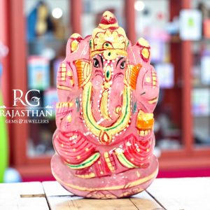Rajasthan Gems Idol Statue Ganesha Ganesh Figurine Figure Pink Natural Rose Quartz Gem Stone God Hindu Religious Hand Paint Painted Gemstone Gift Handmade Home Decor G910