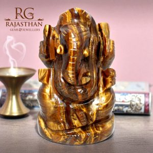 Rajasthan Gems Idol Statue Ganesha Ganesh Figurine Figure Natural Tigers Eye Gem Stone God Hindu Religious Hand Gemstone Gift Handmade Home Decor G917